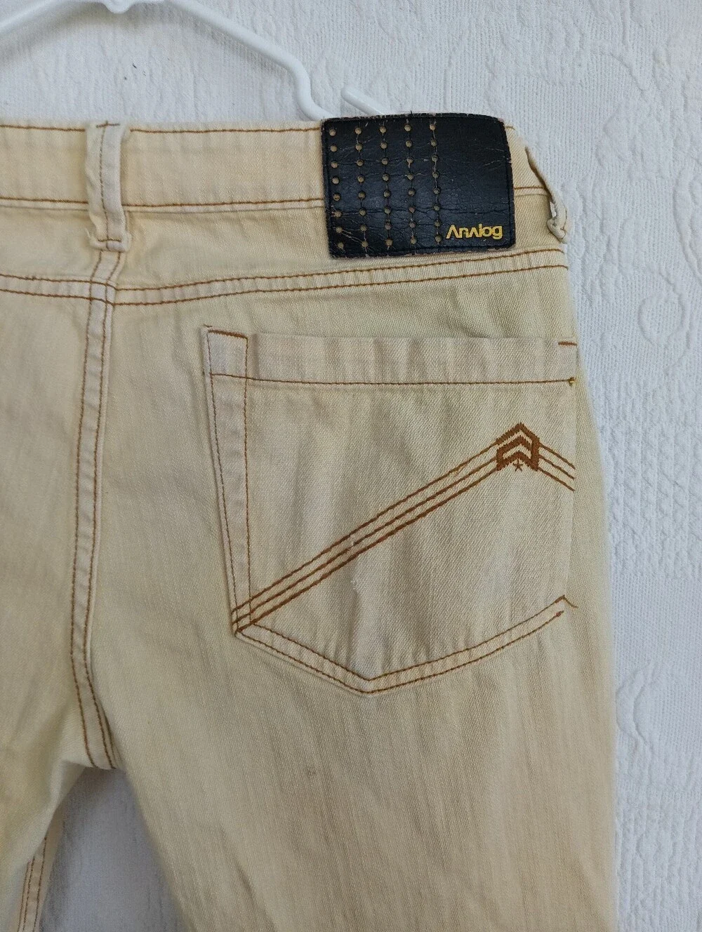 Analog Ochre Yellow Slim Straight Jeans Mid Rise Beige Tan Distressed Faded Punk